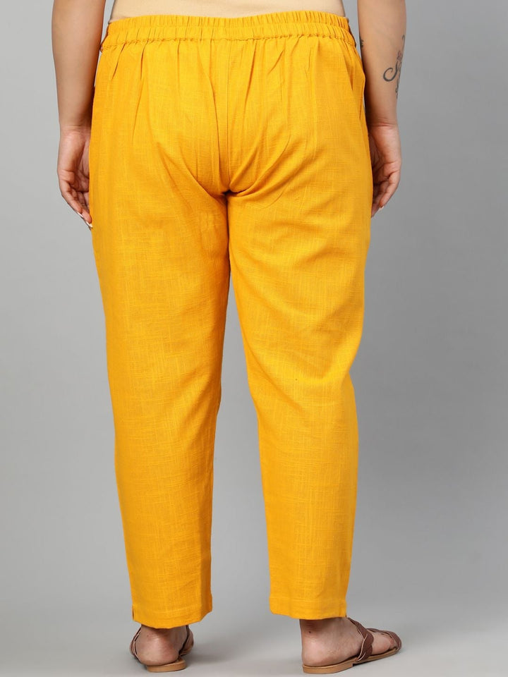 Mustard Cotton Slub Pants in Pleat Detail