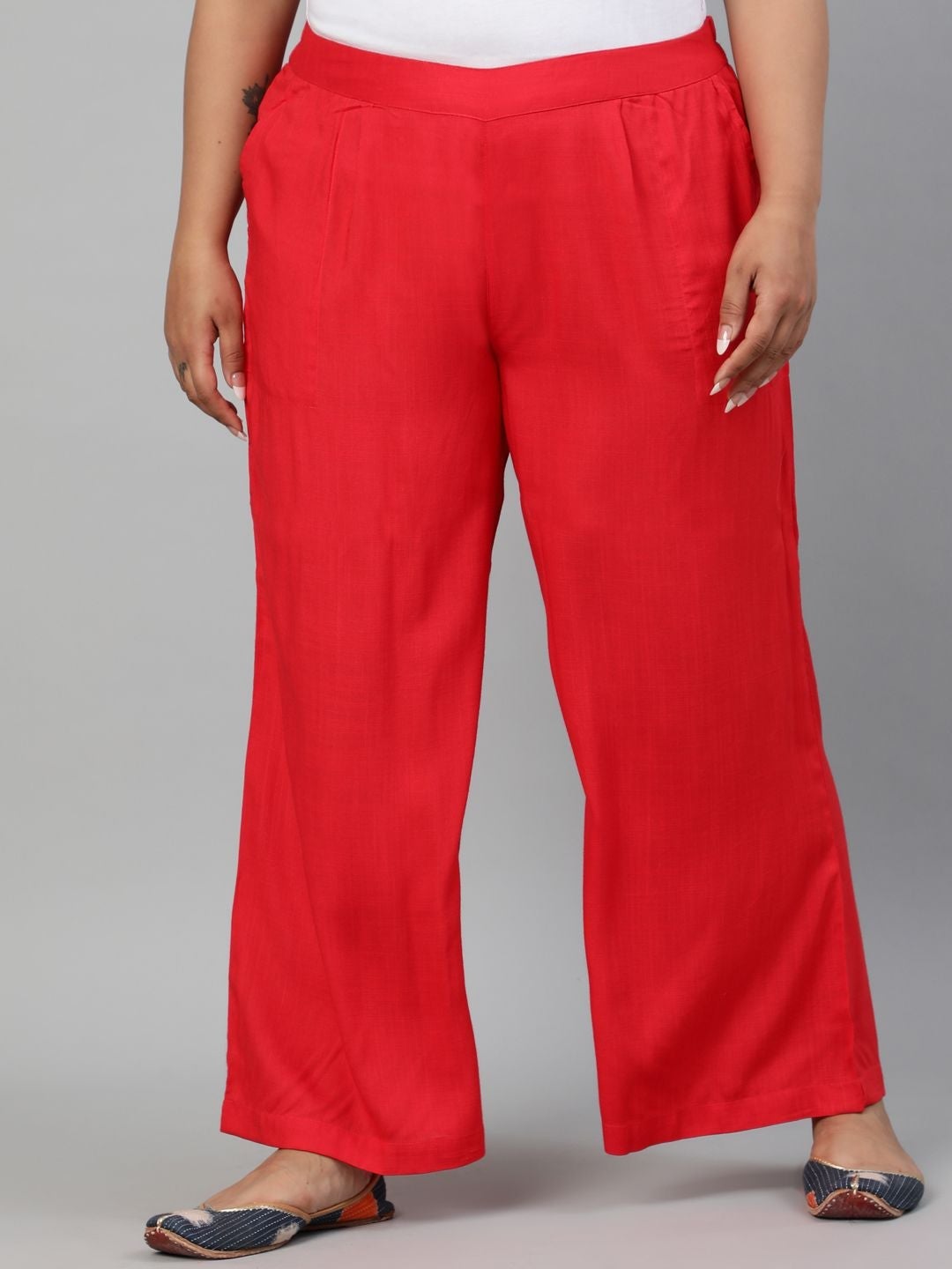 Red Solid Rayon Palazzo with Pleated Details
