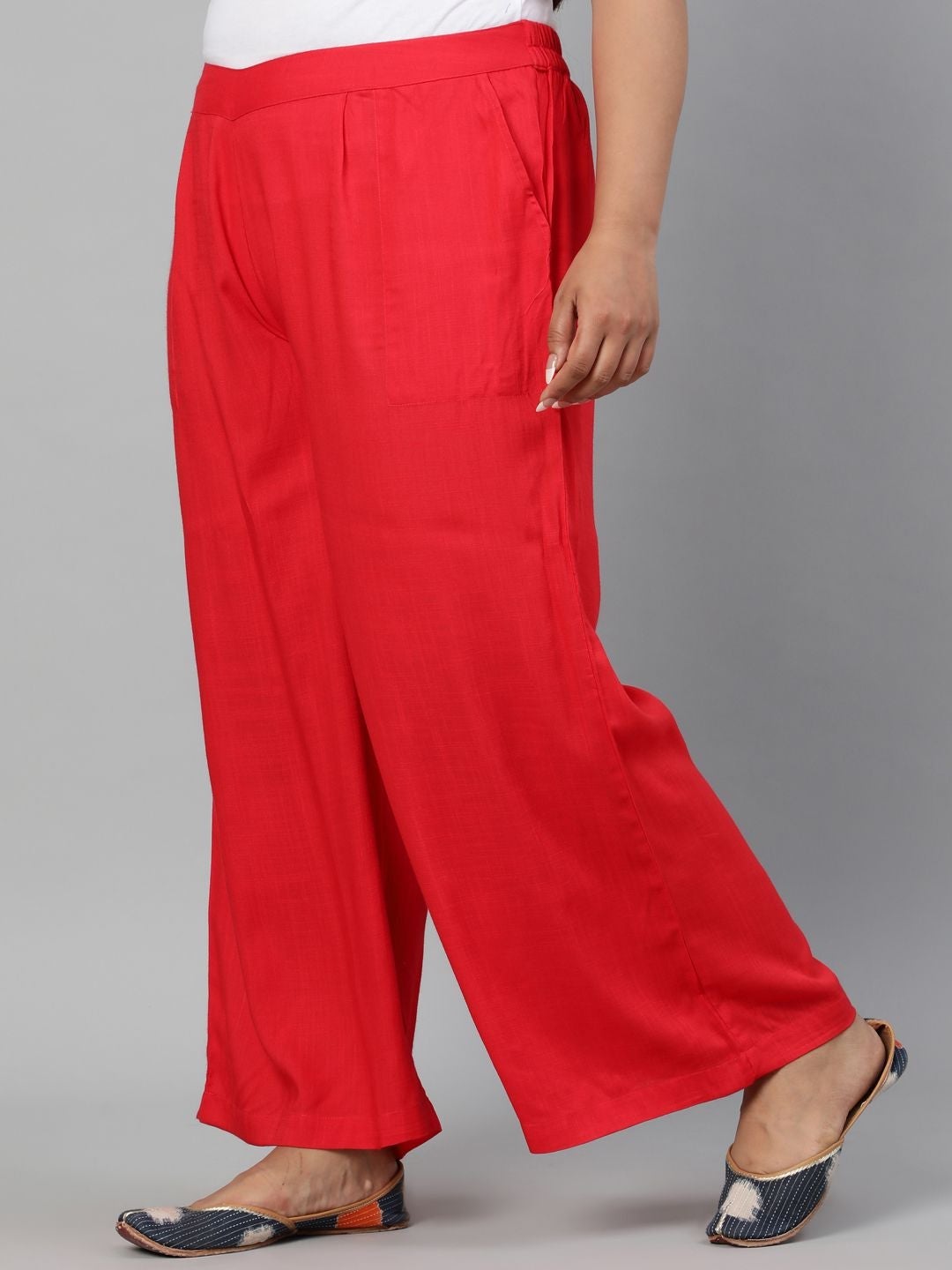 Red Solid Rayon Palazzo with Pleated Details
