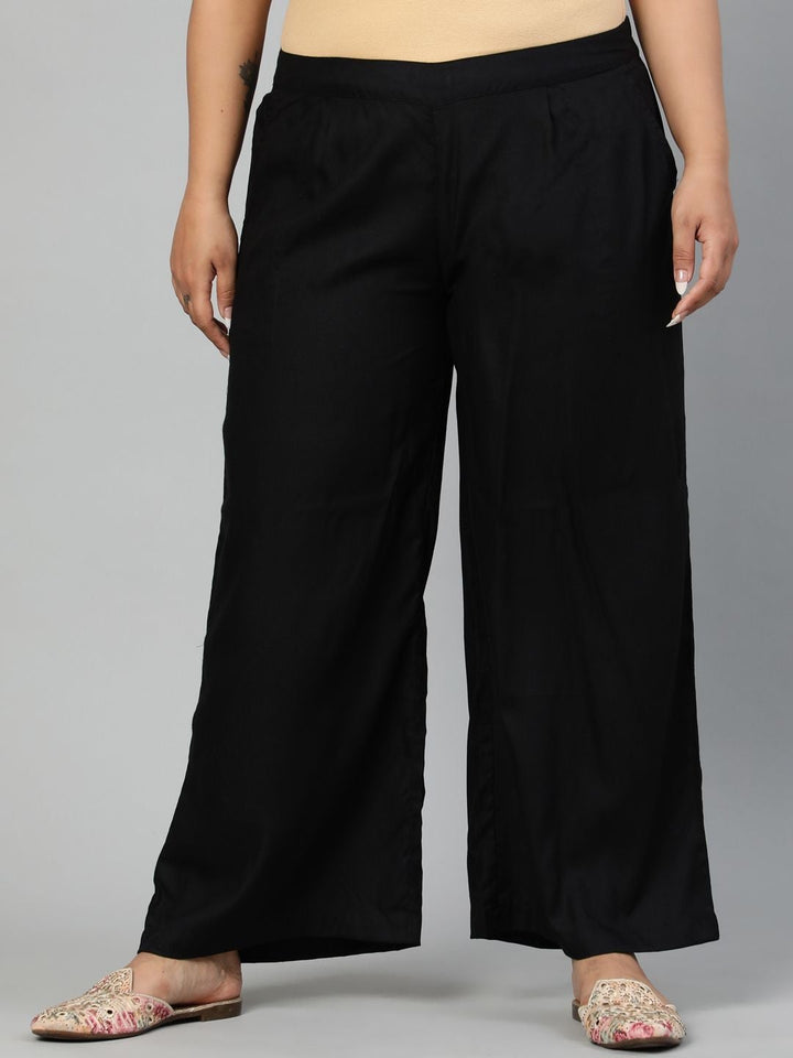 Black Solid Rayon Palazzo with Pleated Details