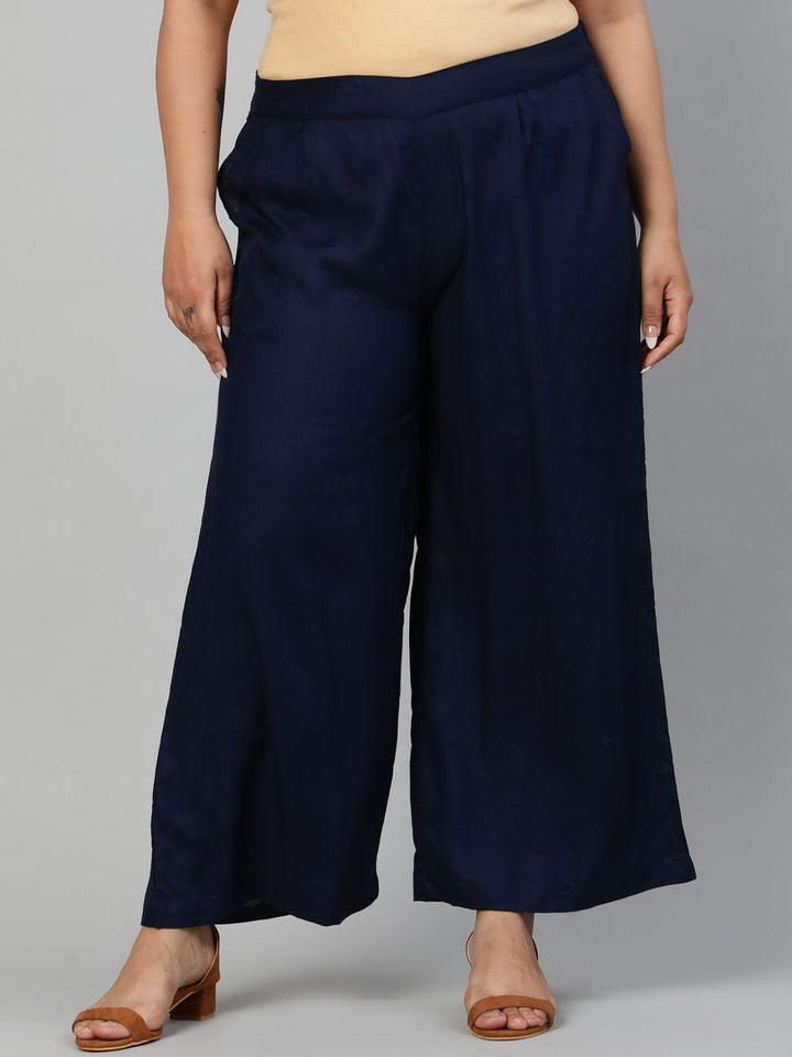 Navy Blue Rayon Palazzo in Pleated Details