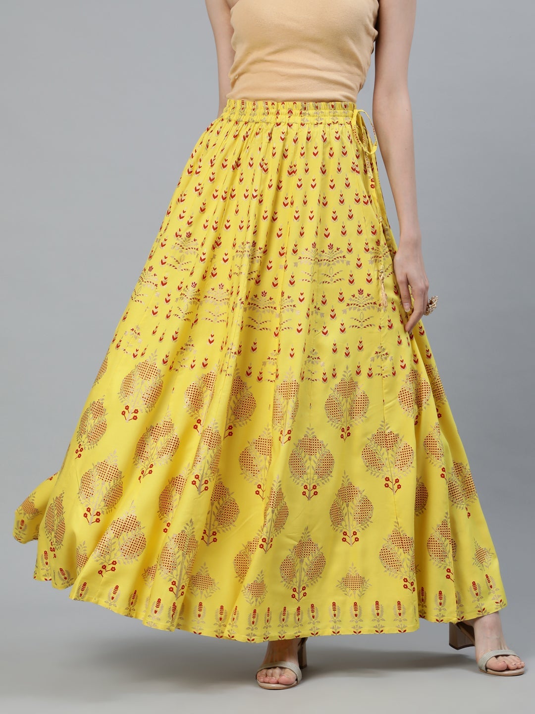 Yellow Rayon Gold Printed Maxi Flared Skirt