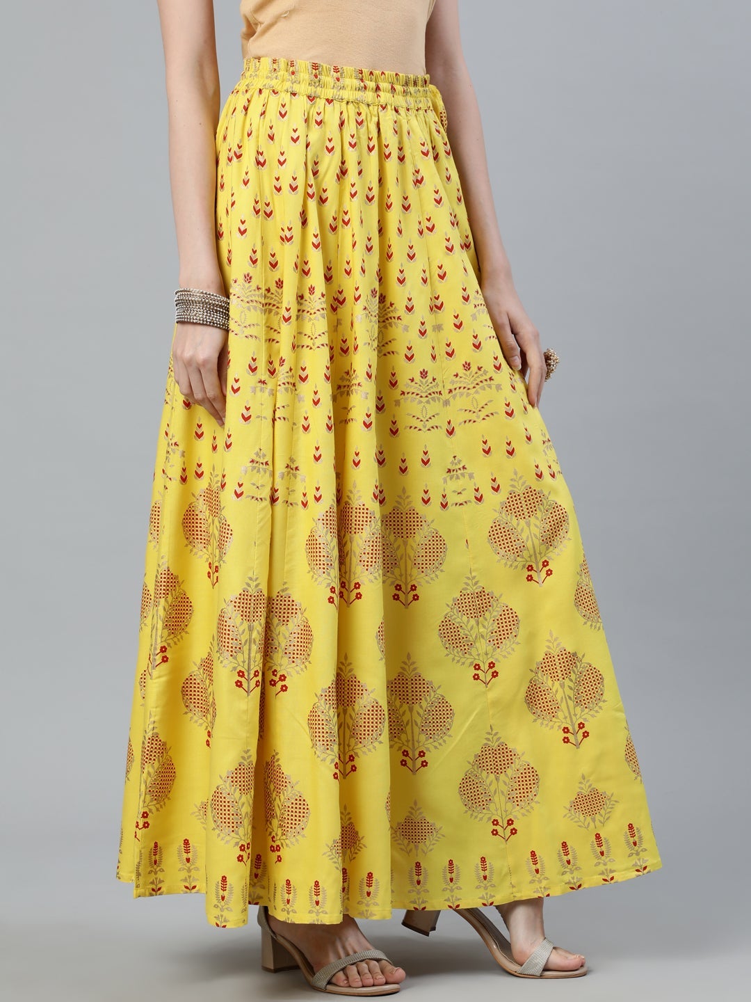 Yellow Rayon Gold Printed Maxi Flared Skirt