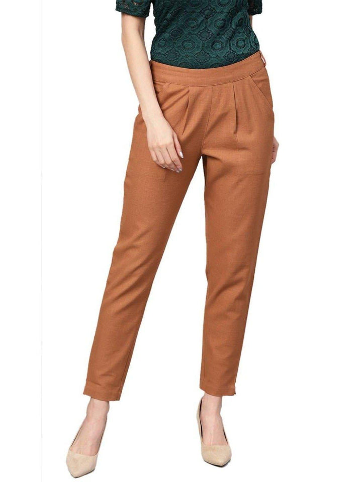 Light Brown Solid Straight Cotton Trouser