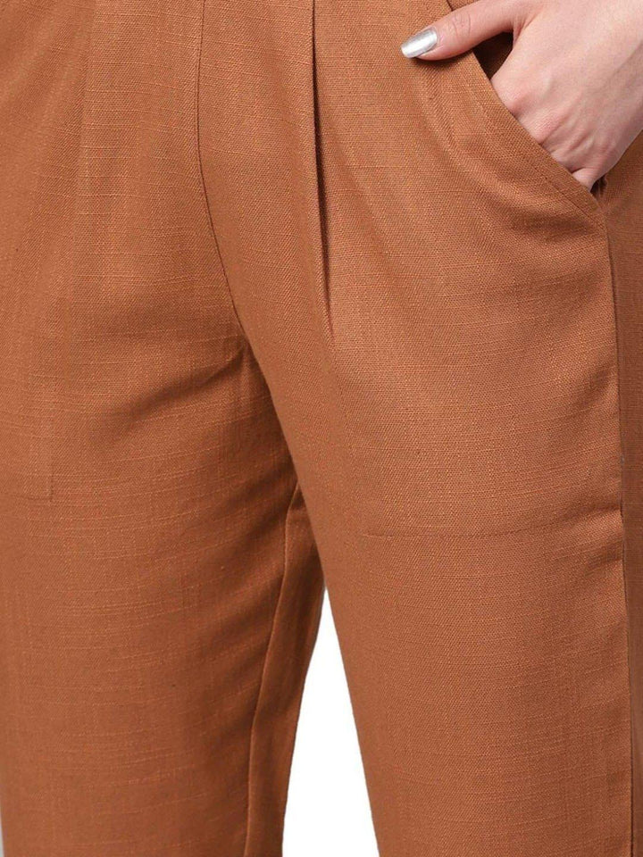 Light Brown Solid Straight Cotton Trouser