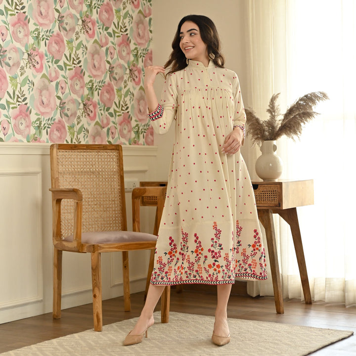 Cream with Magenta Floral Gathered Dress