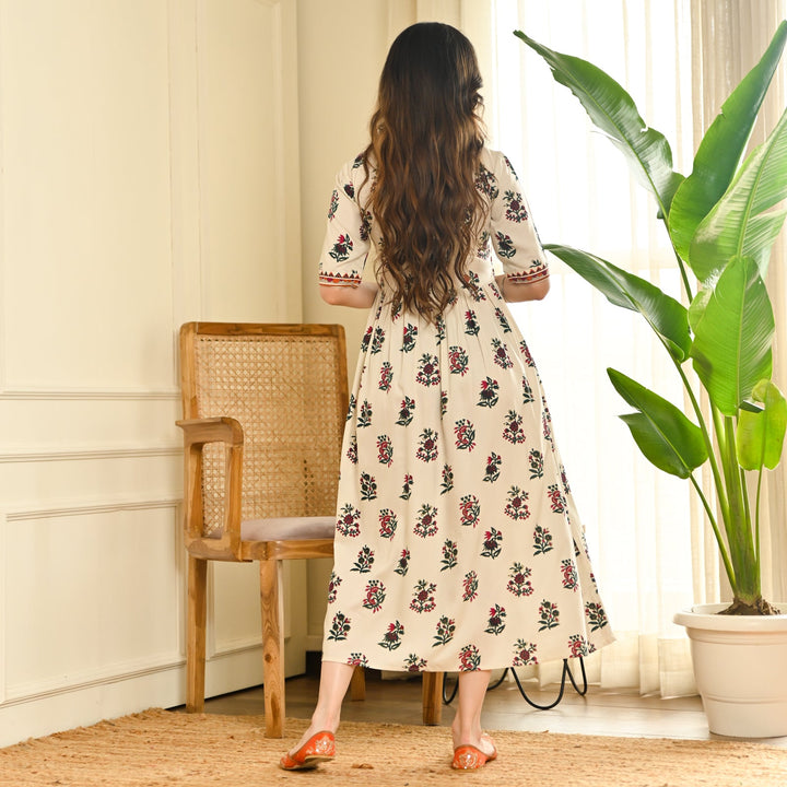 Cream Shell V-Neck Gathered Dress