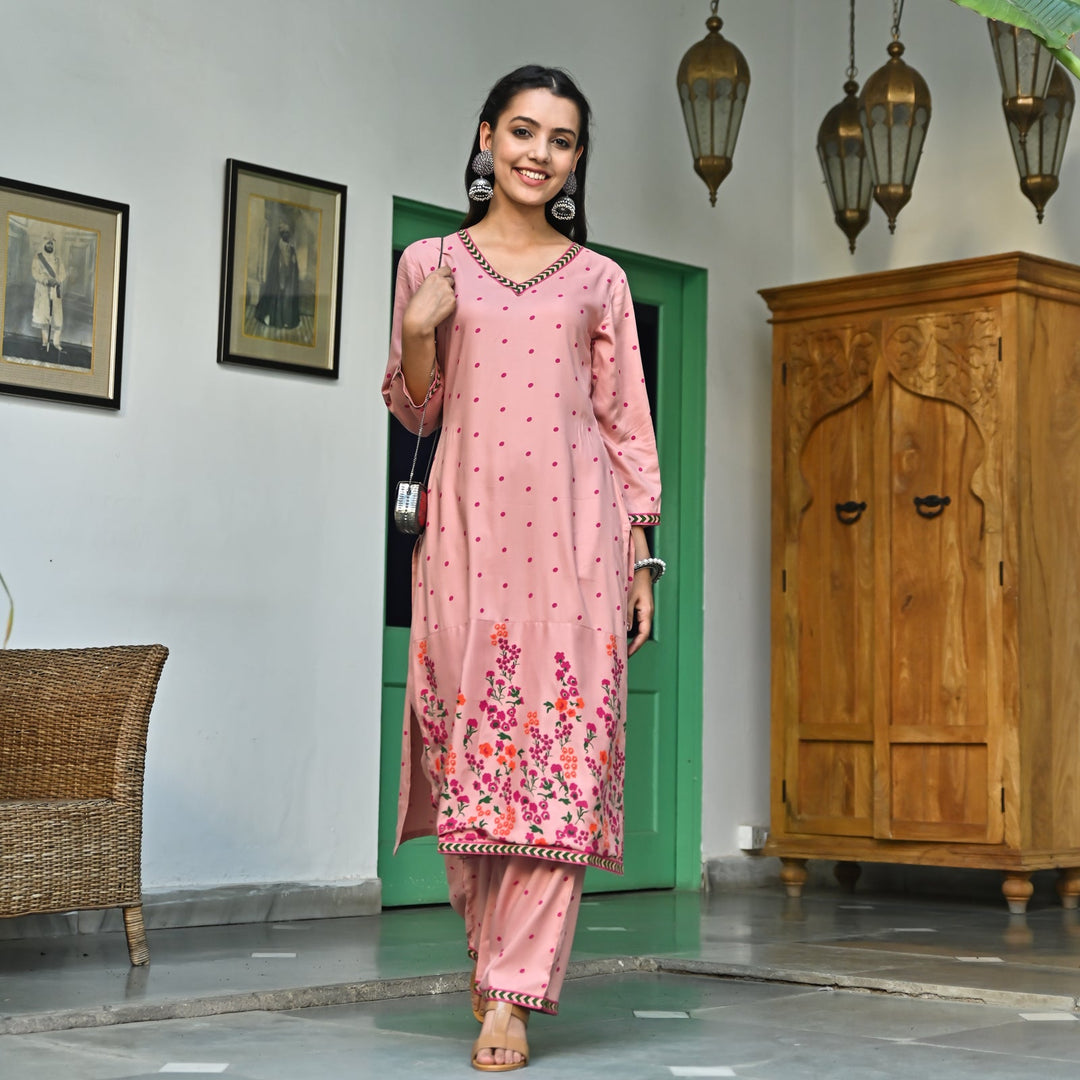 Dusty Pink V-Neck Polka Dot Print Kurta & Pant Set