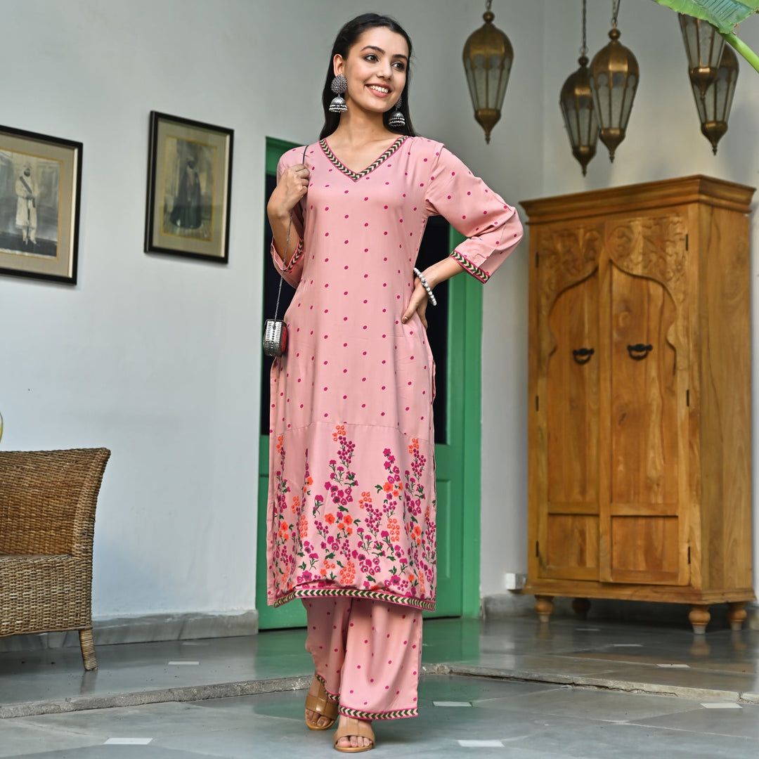 Dusty Pink V-Neck Polka Dot Print Kurta & Pant Set
