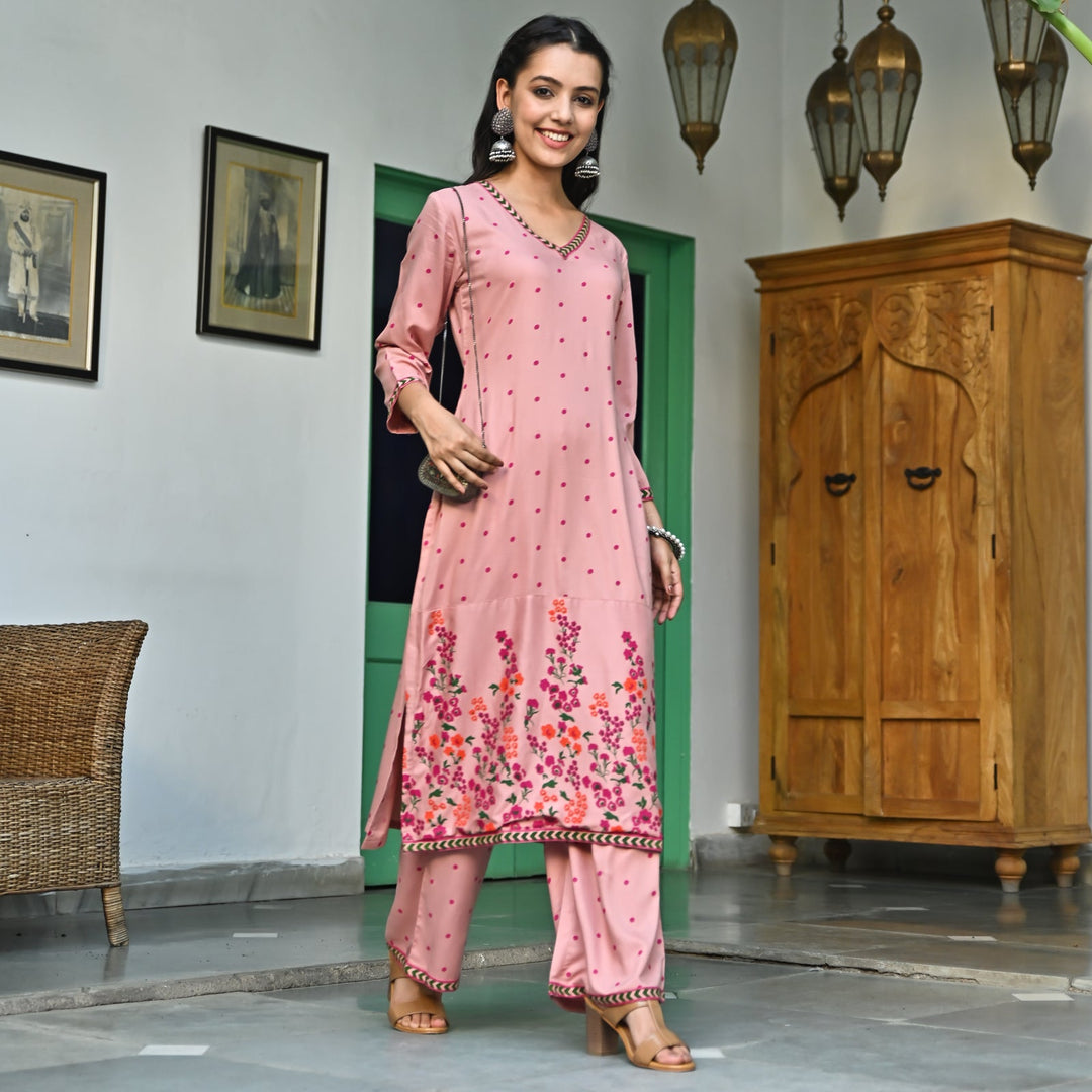 Dusty Pink V-Neck Polka Dot Print Kurta & Pant Set