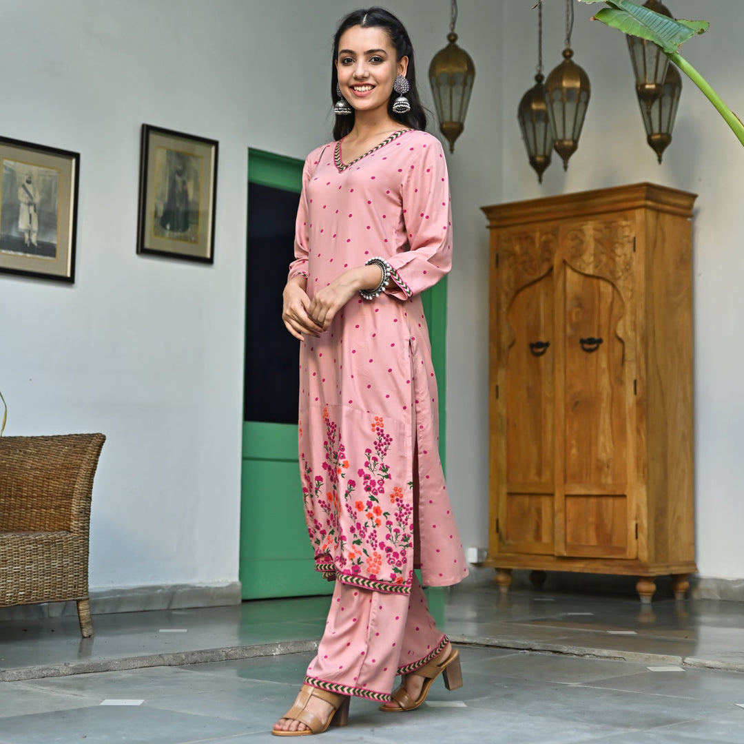 Dusty Pink V-Neck Polka Dot Print Kurta & Pant Set