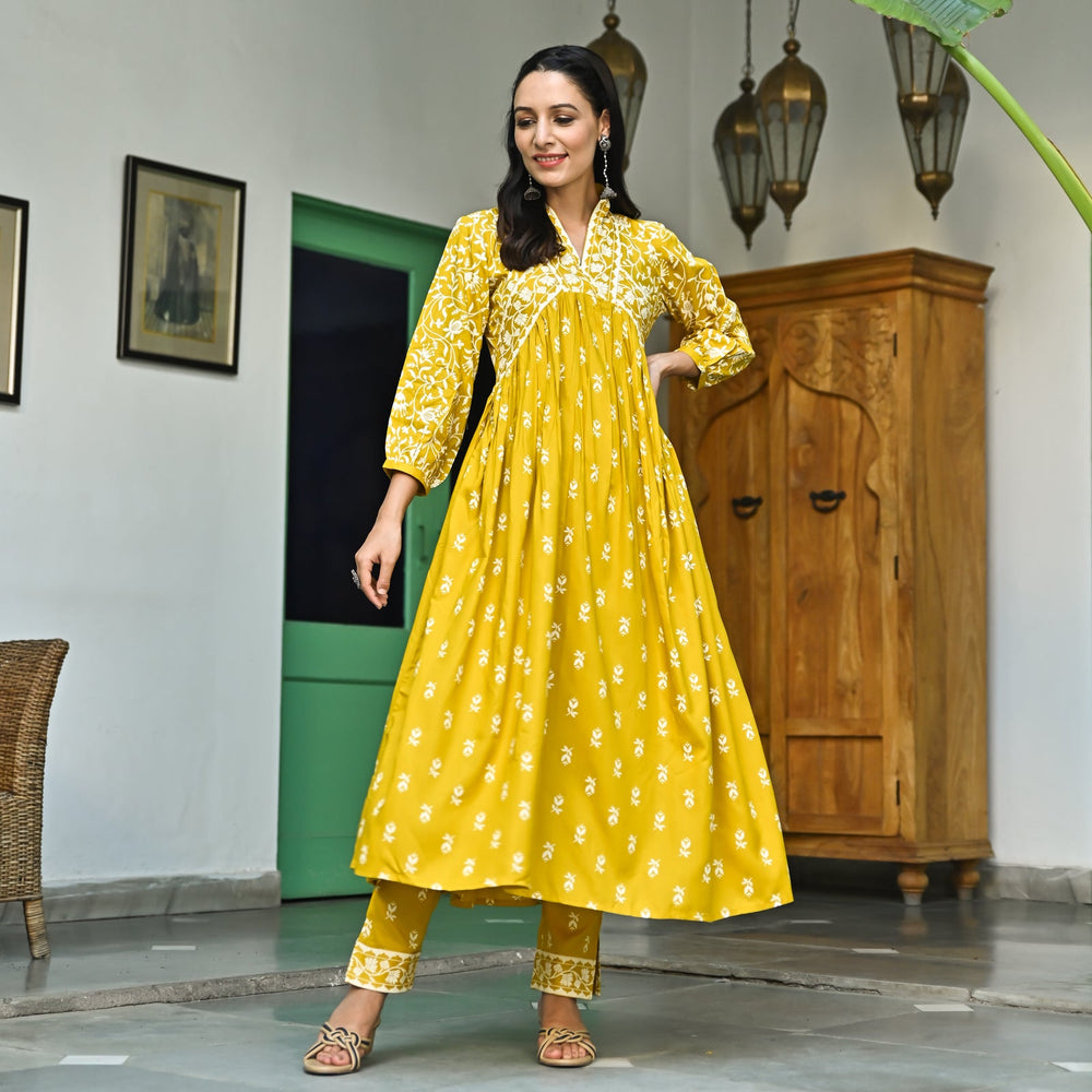 Mustard Floral Jaal V-Neck Kurta & Pant Set