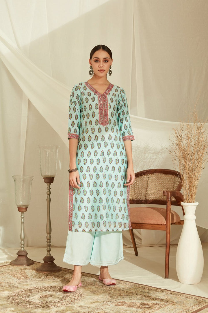 Sea Green Hand Block Printed Chanderi Kurta