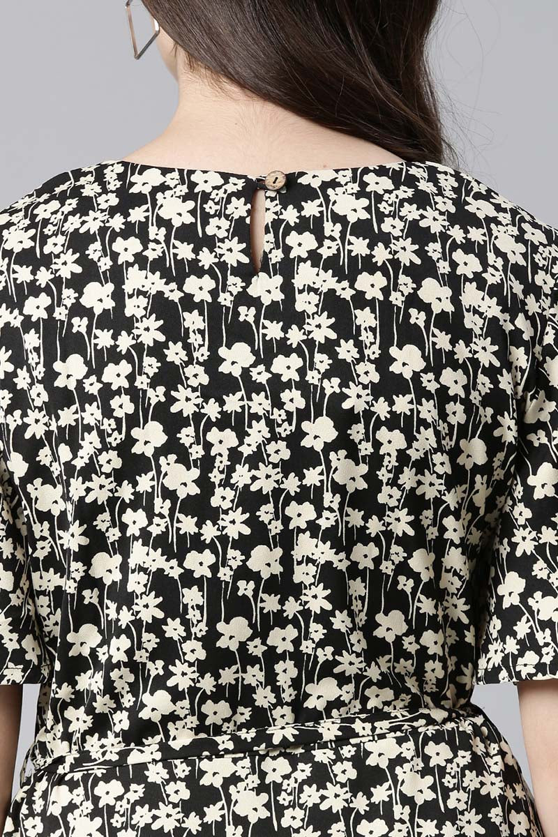 Black Georgette Casual Dress with Crowded White Florals