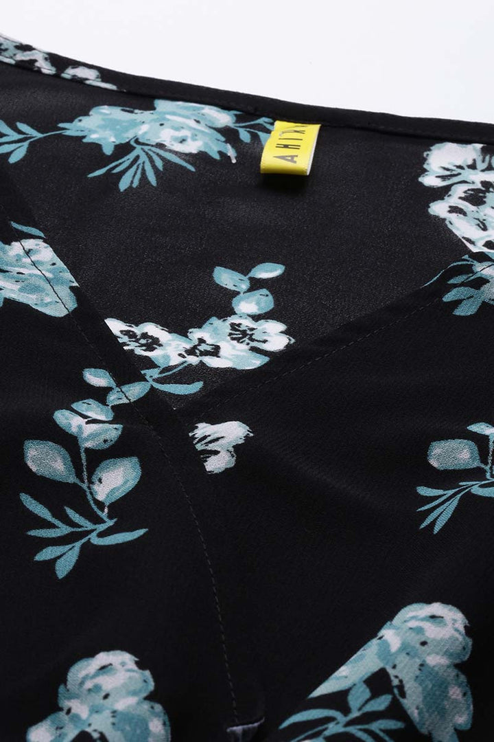 Black Georgette Floral Print Asymmetrical High-Low Dress