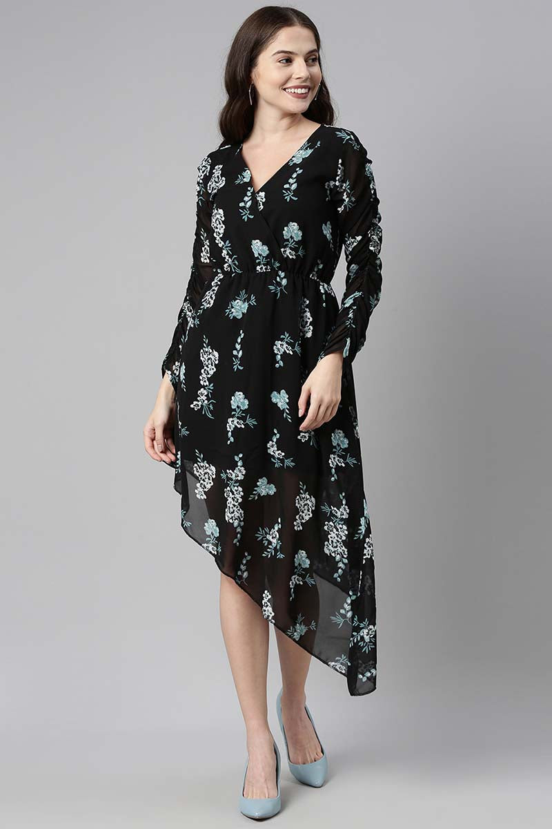 Black Georgette Floral Print Asymmetrical High-Low Dress