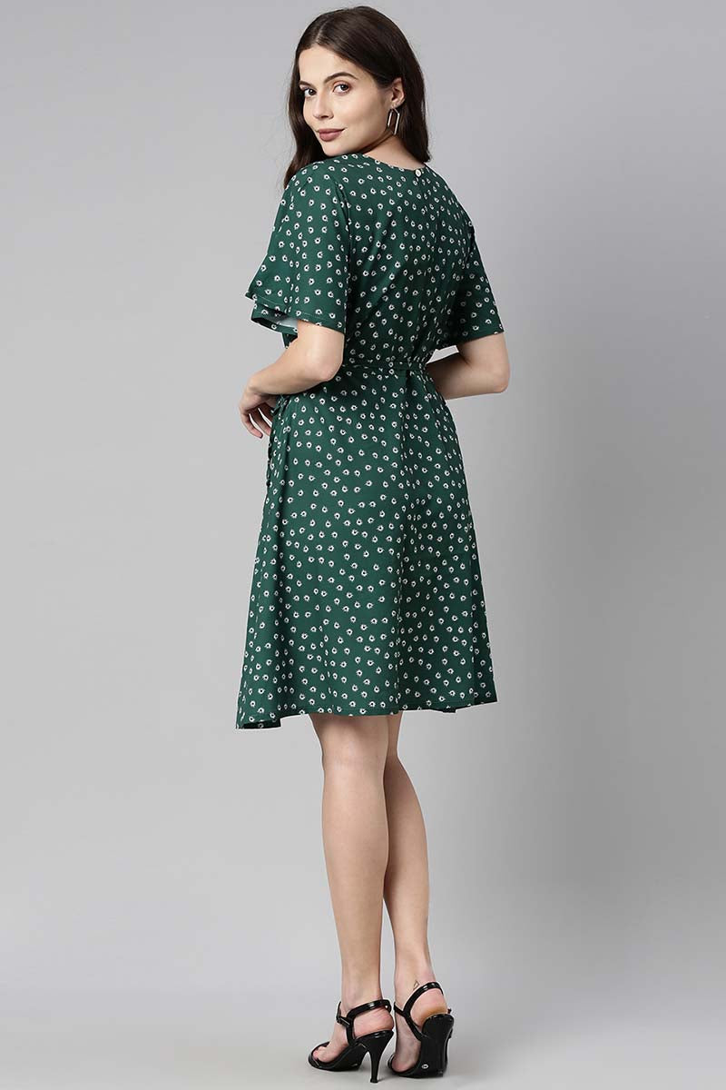 Green Polyester Printed Dress with Loose Short Sleeves