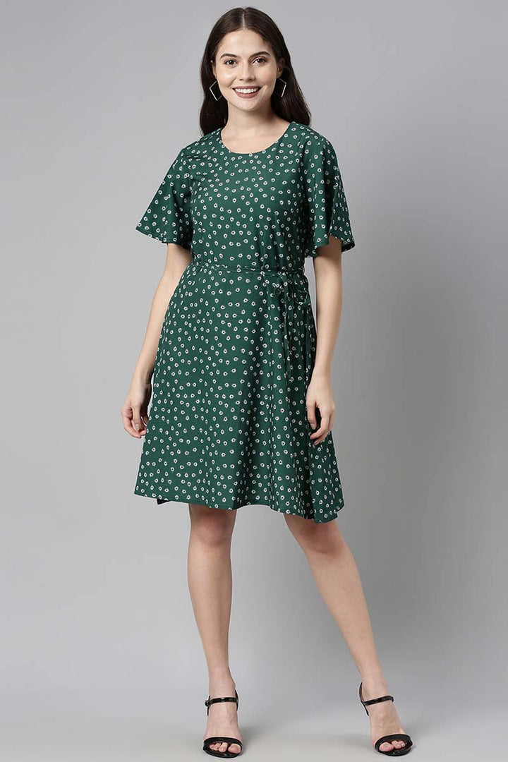 Green Polyester Printed Dress with Loose Short Sleeves