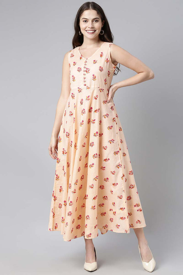 Cream Peach Cotton Floral Printed Sleeveless Long Dress
