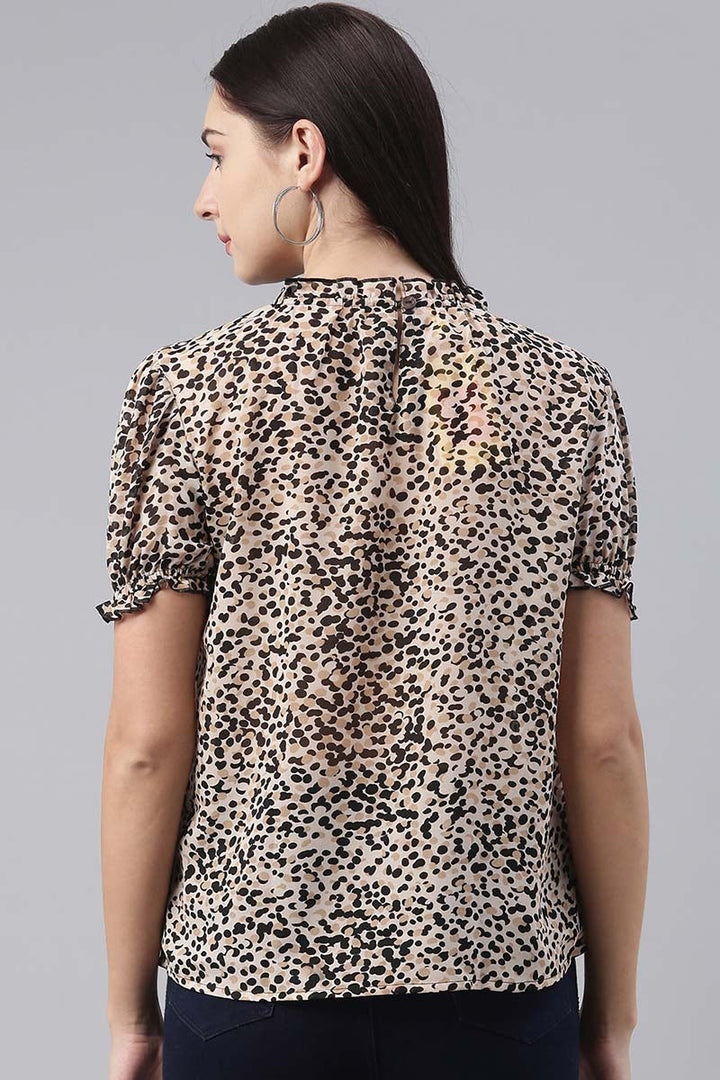 Beige Georgette Cheetah Printed High-Neck Top