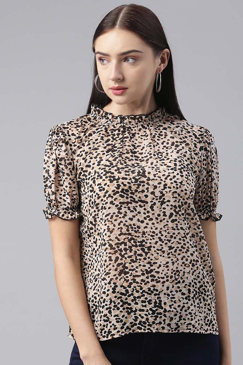 Beige Georgette Cheetah Printed High-Neck Top