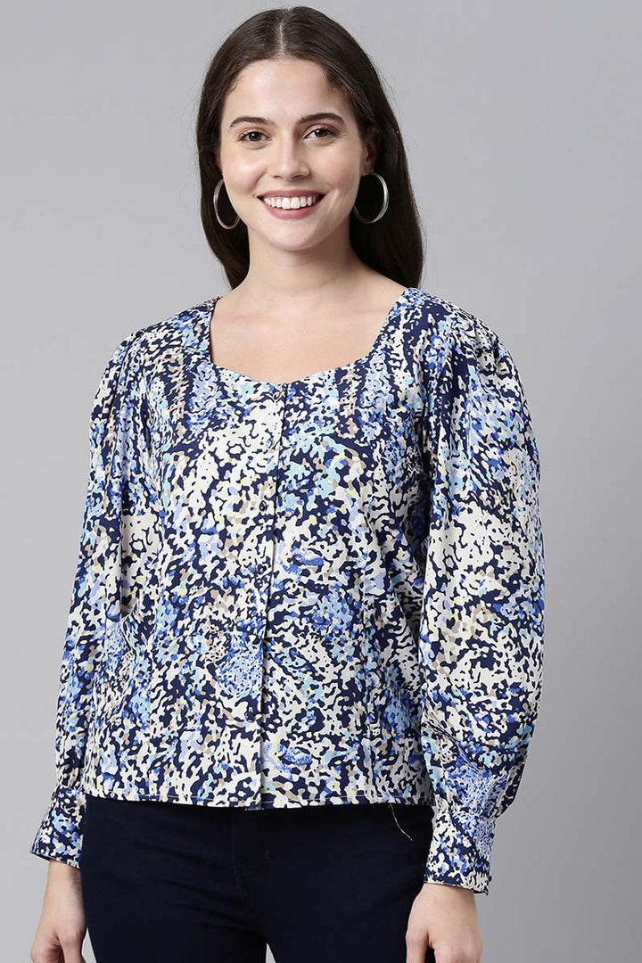 ZERESOUQ-Blue-Crepe-Abstract-Printed-Square-Neck-Crop-Shirt