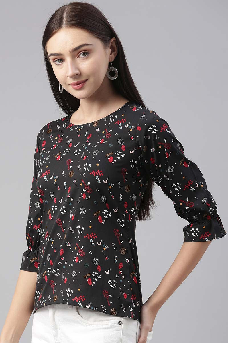 Black Crepe Conversational Printed Crop Top